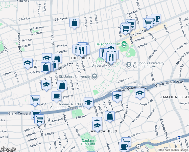 map of restaurants, bars, coffee shops, grocery stores, and more near 8541 169th Street in Queens