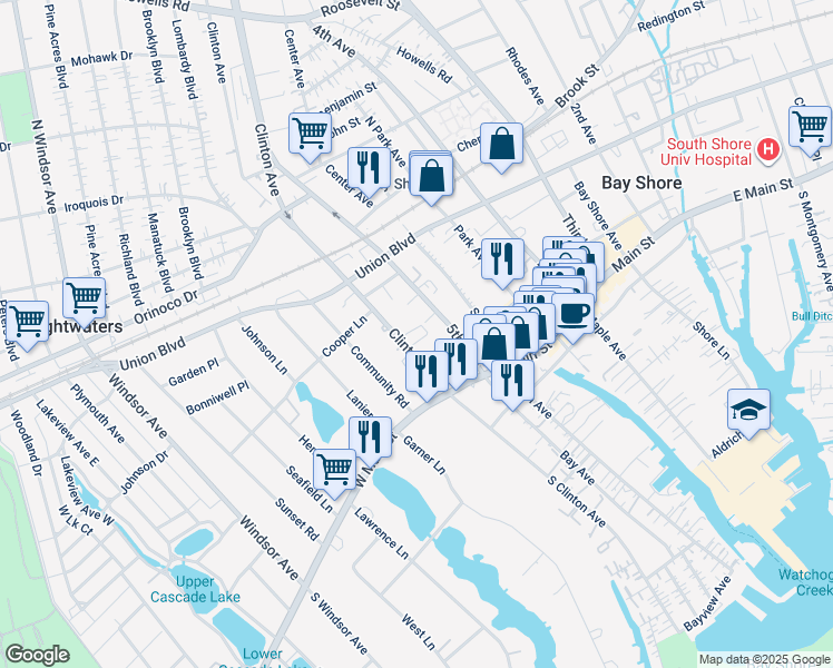 map of restaurants, bars, coffee shops, grocery stores, and more near 25 Clinton Avenue in Bay Shore