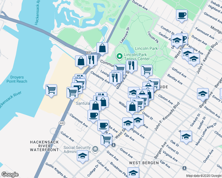 map of restaurants, bars, coffee shops, grocery stores, and more near 12 Miller Street in Jersey City