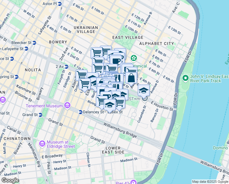 map of restaurants, bars, coffee shops, grocery stores, and more near 162 Attorney Street in New York