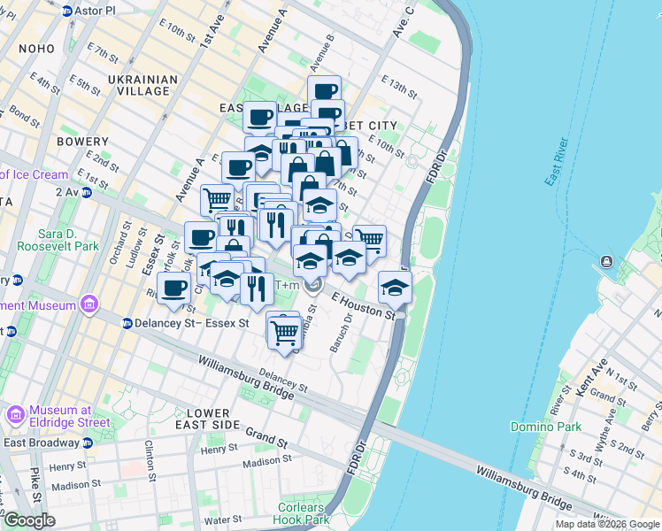map of restaurants, bars, coffee shops, grocery stores, and more near 592 East 3rd Street in New York