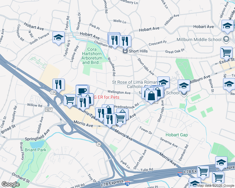 map of restaurants, bars, coffee shops, grocery stores, and more near 70 Wellington Avenue in Millburn