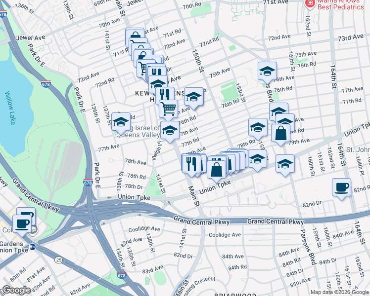 map of restaurants, bars, coffee shops, grocery stores, and more near 144-11 78th Avenue in Queens
