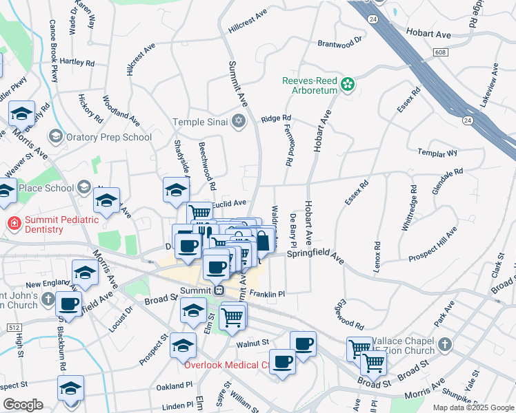 map of restaurants, bars, coffee shops, grocery stores, and more near 145 Summit Avenue in Summit