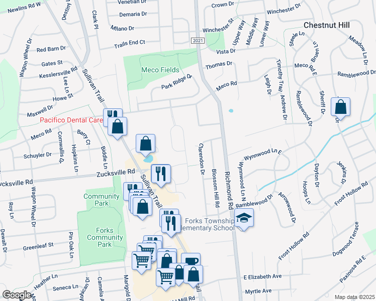 map of restaurants, bars, coffee shops, grocery stores, and more near 2121 Huntington Lane in Easton