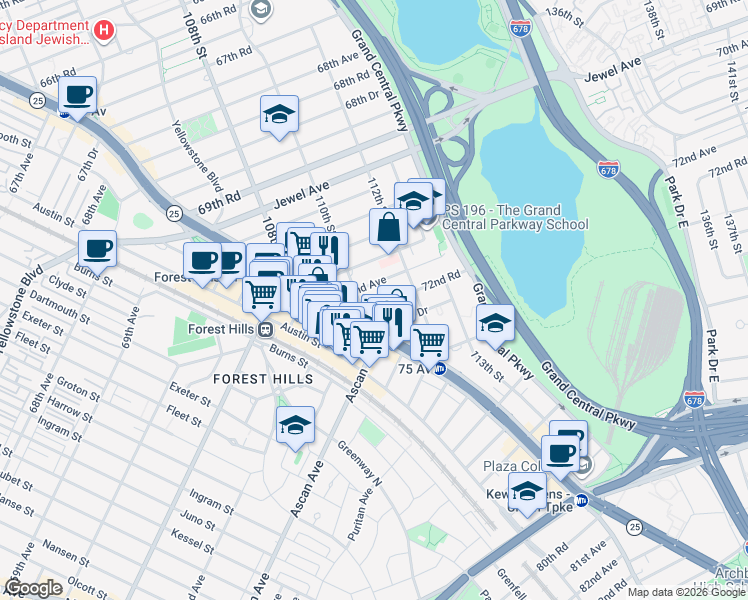 map of restaurants, bars, coffee shops, grocery stores, and more near 110-23 72nd Road in Queens
