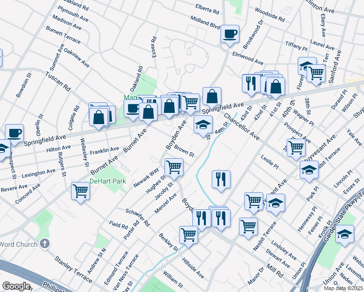 map of restaurants, bars, coffee shops, grocery stores, and more near 4 Henry Place in Maplewood