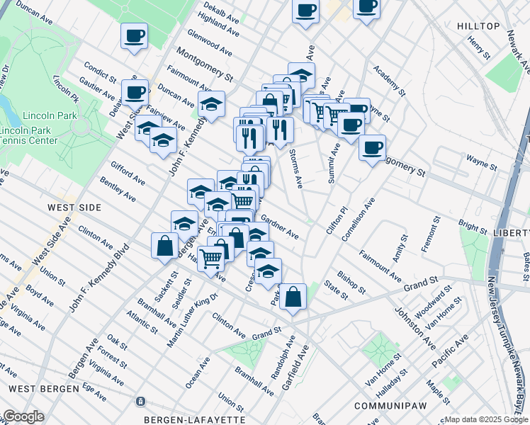 map of restaurants, bars, coffee shops, grocery stores, and more near 66 Gardner Avenue in Jersey City