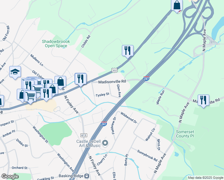 map of restaurants, bars, coffee shops, grocery stores, and more near 14 Cottage Street in Bernards