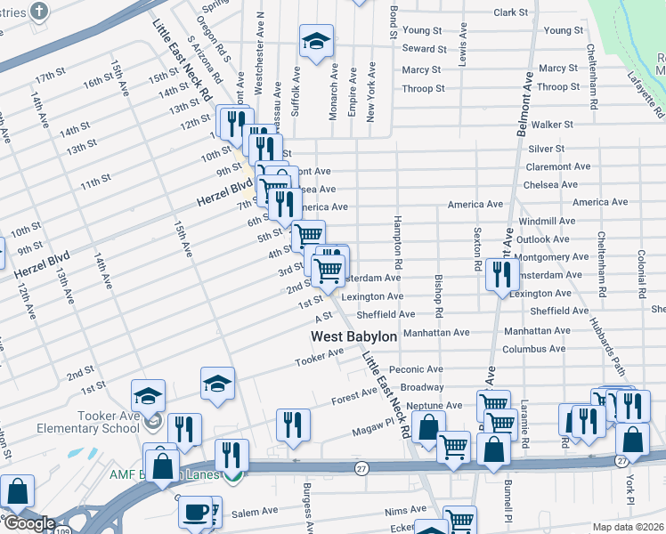 map of restaurants, bars, coffee shops, grocery stores, and more near 943 Little East Neck Road in West Babylon