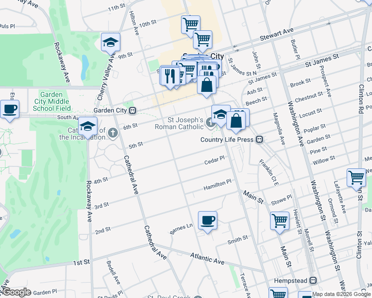 map of restaurants, bars, coffee shops, grocery stores, and more near 35 Hilton Avenue in Garden City