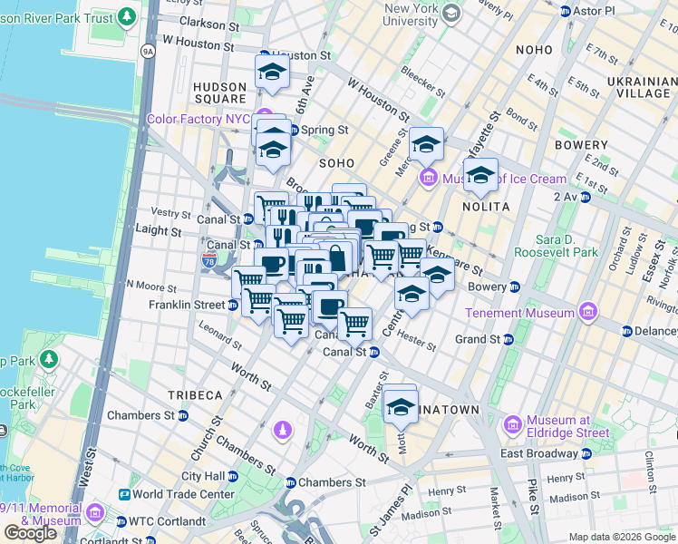 map of restaurants, bars, coffee shops, grocery stores, and more near 22 Mercer Street in New York