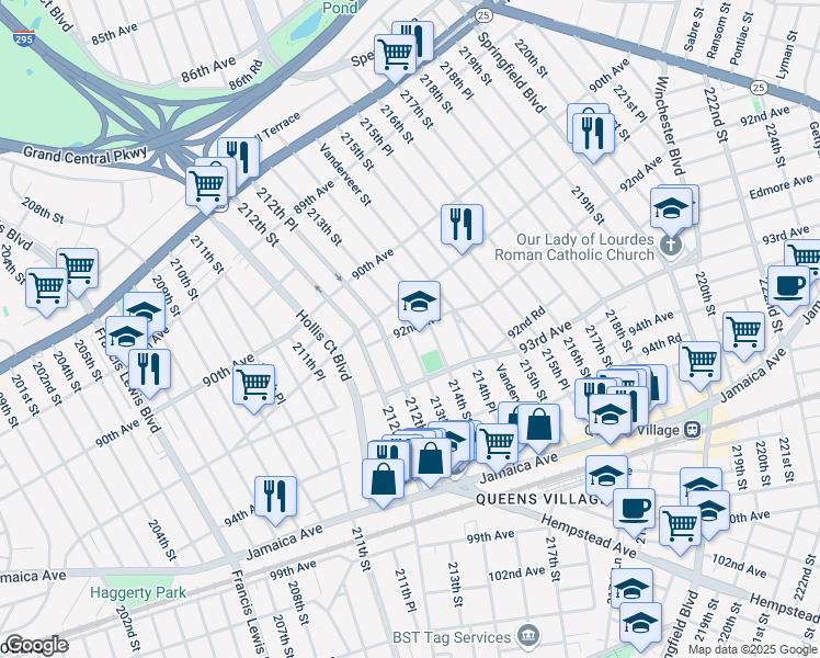 map of restaurants, bars, coffee shops, grocery stores, and more near 213-10 92nd Avenue in Queens