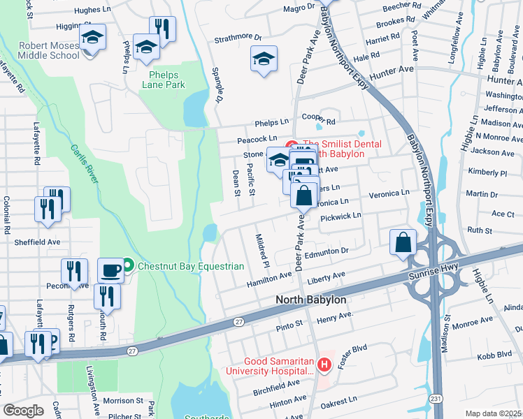 map of restaurants, bars, coffee shops, grocery stores, and more near 31 Brookside Avenue in North Babylon
