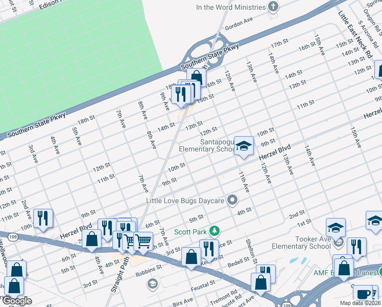 map of restaurants, bars, coffee shops, grocery stores, and more near 841 11th Street in West Babylon
