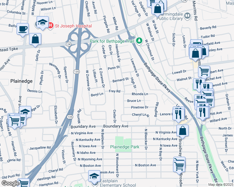 map of restaurants, bars, coffee shops, grocery stores, and more near 65 Cedar Drive in Farmingdale