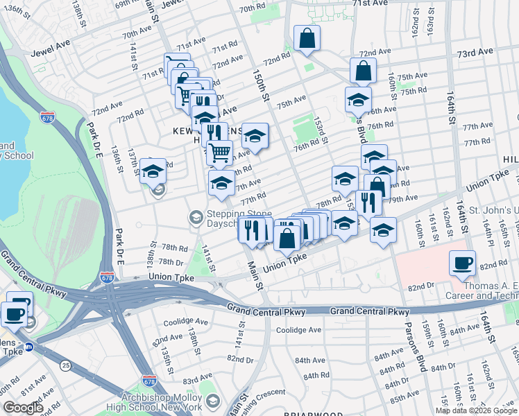 map of restaurants, bars, coffee shops, grocery stores, and more near 78-04 147th Street in Queens