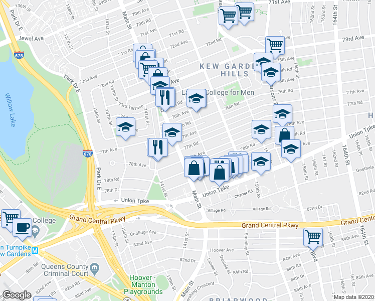map of restaurants, bars, coffee shops, grocery stores, and more near 144-11 78th Avenue in Queens
