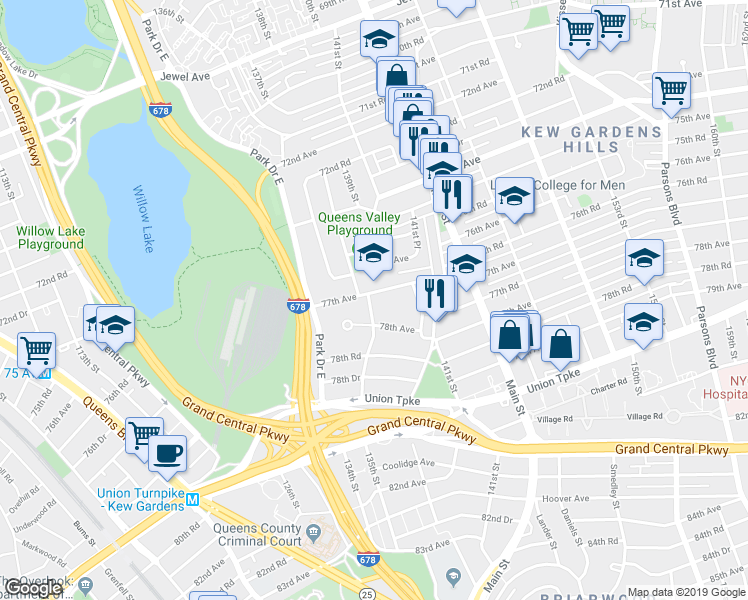 map of restaurants, bars, coffee shops, grocery stores, and more near 138-24 77th Avenue in Queens