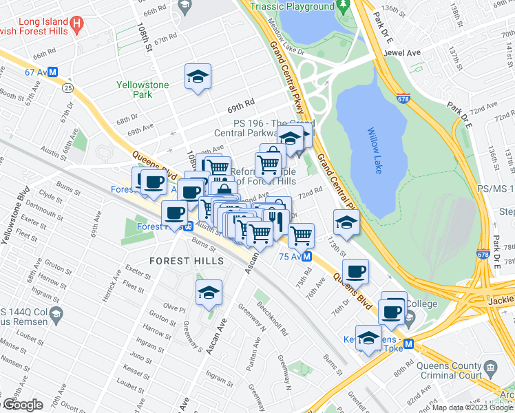 map of restaurants, bars, coffee shops, grocery stores, and more near 72-11 110th Street in Queens