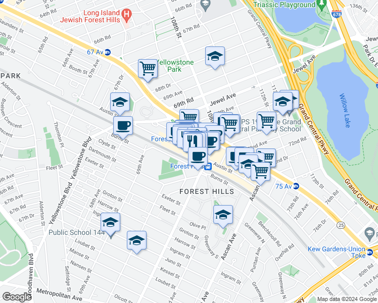 map of restaurants, bars, coffee shops, grocery stores, and more near 70-20 Austin Street in Queens