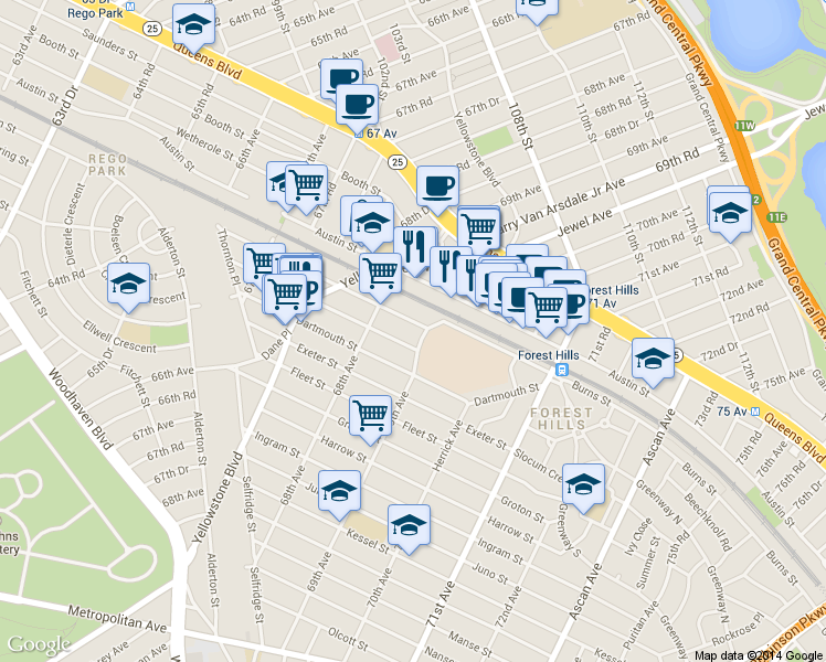 map of restaurants, bars, coffee shops, grocery stores, and more near 68-35 Clyde Street in Queens