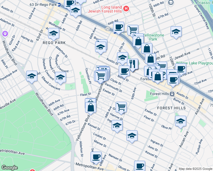 map of restaurants, bars, coffee shops, grocery stores, and more near 67-96 Dartmouth Street in Queens