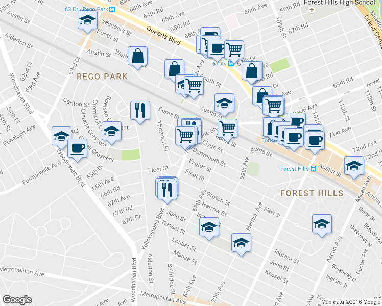map of restaurants, bars, coffee shops, grocery stores, and more near 7178 Yellowstone Boulevard in Queens