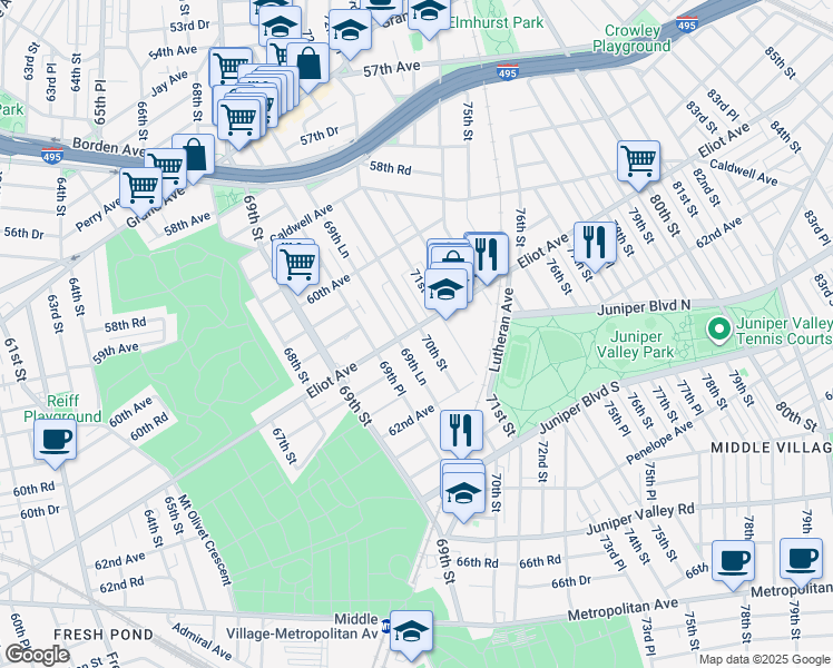 map of restaurants, bars, coffee shops, grocery stores, and more near 69-76 Eliot Avenue in Queens