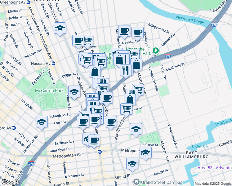 map of restaurants, bars, coffee shops, grocery stores, and more near 71 Herbert Street in Brooklyn