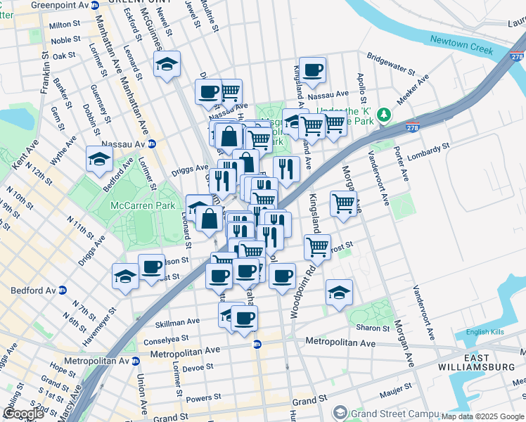 map of restaurants, bars, coffee shops, grocery stores, and more near 511 Meeker Avenue in Brooklyn
