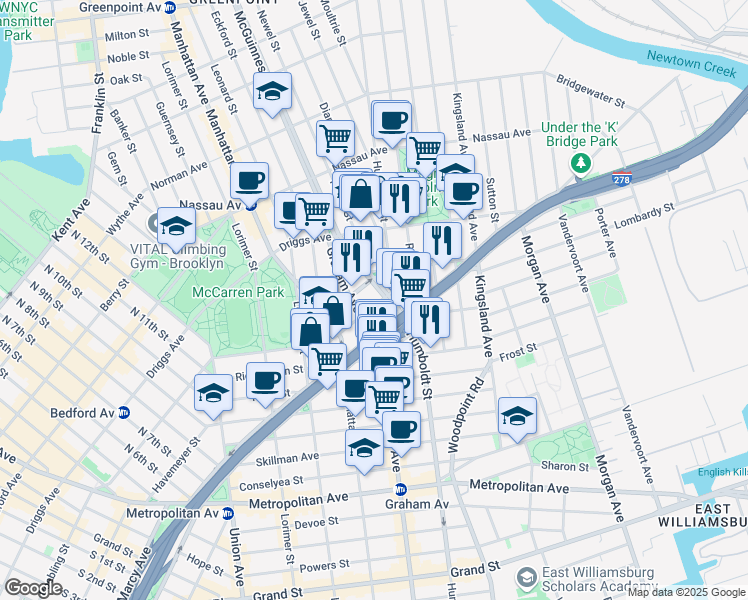map of restaurants, bars, coffee shops, grocery stores, and more near 167 Bayard Street in Brooklyn