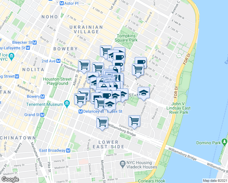 map of restaurants, bars, coffee shops, grocery stores, and more near 162 Attorney Street in New York