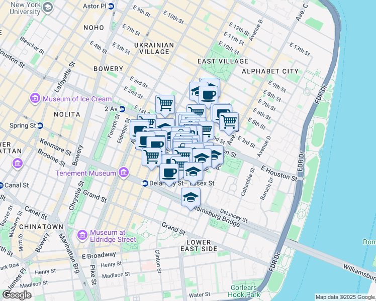 map of restaurants, bars, coffee shops, grocery stores, and more near 25 Clinton Street in New York