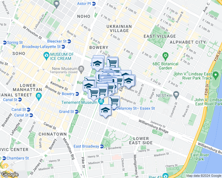 map of restaurants, bars, coffee shops, grocery stores, and more near 163 Orchard Street in New York