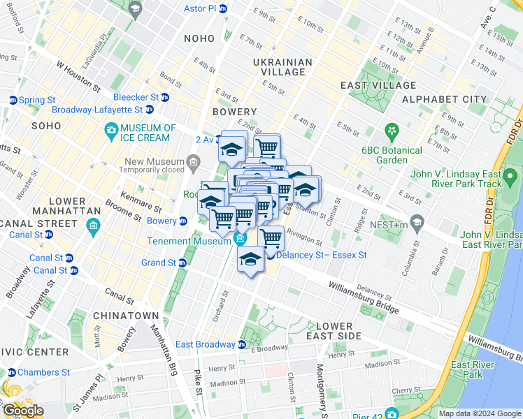 map of restaurants, bars, coffee shops, grocery stores, and more near 143 Ludlow Street in New York