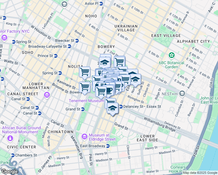 map of restaurants, bars, coffee shops, grocery stores, and more near 184 Eldridge Street in New York