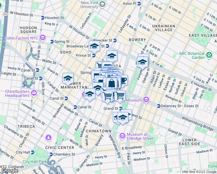 map of restaurants, bars, coffee shops, grocery stores, and more near 25 Kenmare Street in New York