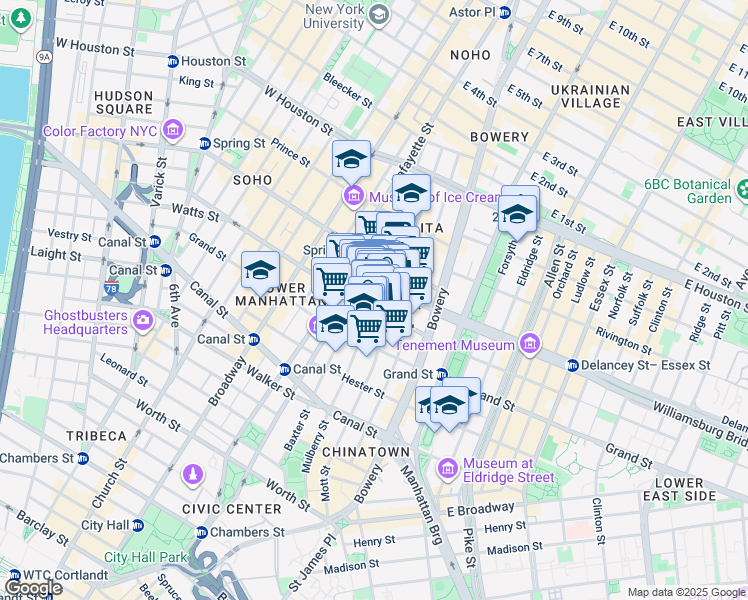 map of restaurants, bars, coffee shops, grocery stores, and more near 384 Broome Street in New York