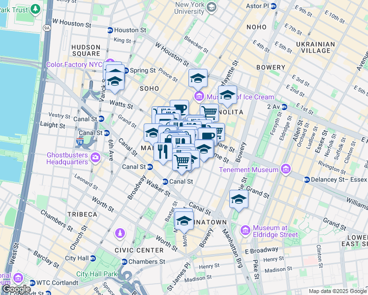 map of restaurants, bars, coffee shops, grocery stores, and more near 138 Grand Street in New York