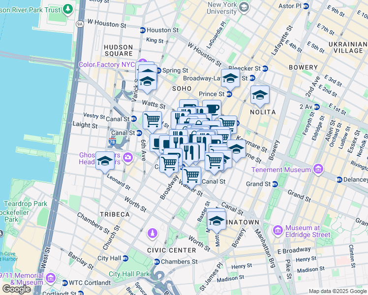 map of restaurants, bars, coffee shops, grocery stores, and more near in New York