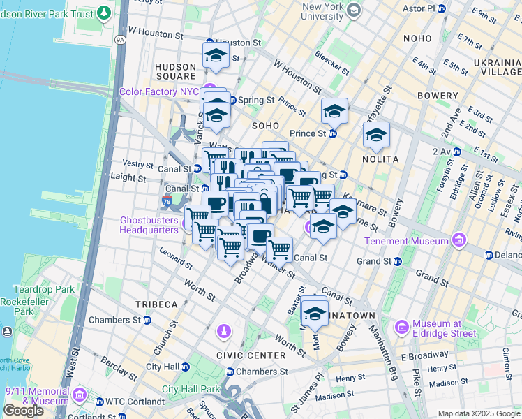 map of restaurants, bars, coffee shops, grocery stores, and more near 7 Mercer Street in New York