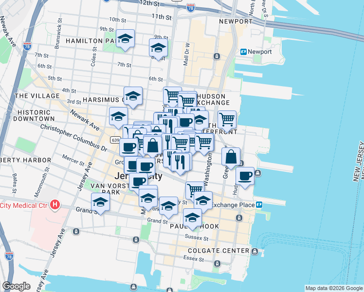 map of restaurants, bars, coffee shops, grocery stores, and more near 124 Bay Street in Jersey City