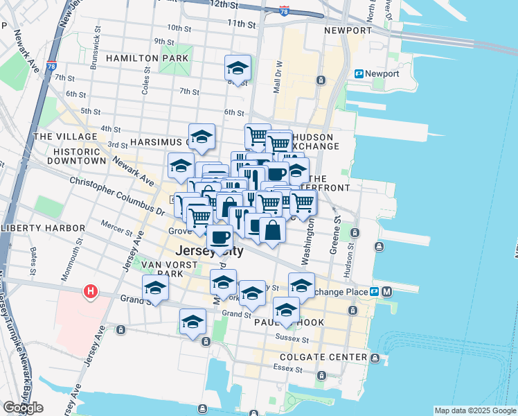 map of restaurants, bars, coffee shops, grocery stores, and more near 155 Bay Street in Jersey City