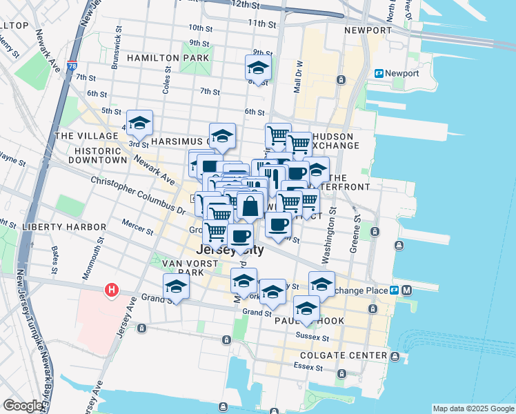 map of restaurants, bars, coffee shops, grocery stores, and more near 343 Marin Boulevard in Jersey City