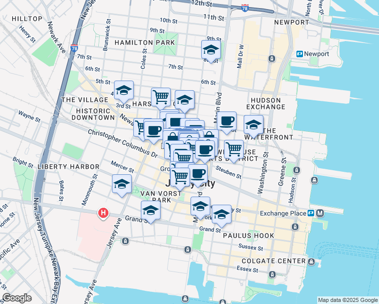 map of restaurants, bars, coffee shops, grocery stores, and more near 341 Grove Street in Jersey City