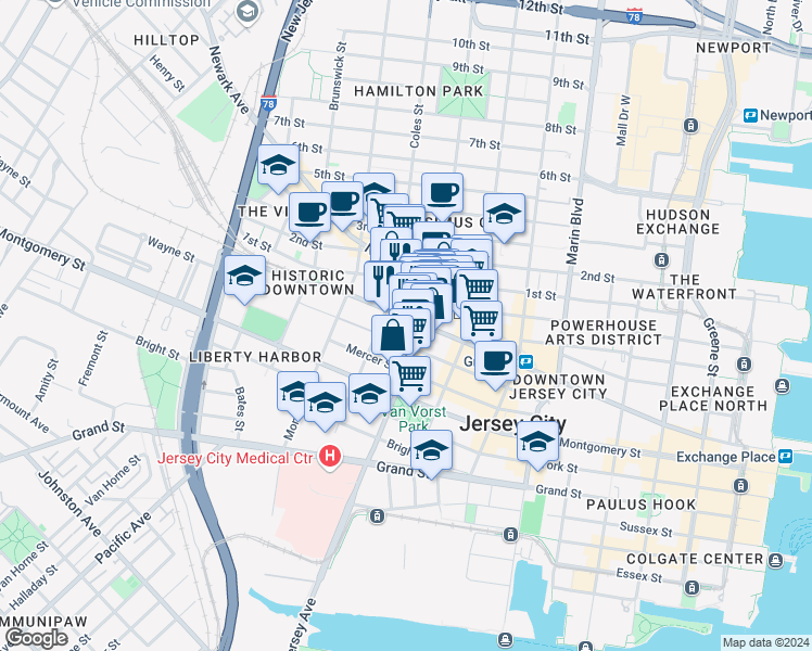 map of restaurants, bars, coffee shops, grocery stores, and more near 116 Wayne Street in Jersey City
