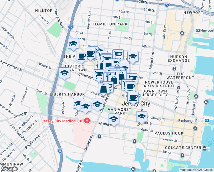 map of restaurants, bars, coffee shops, grocery stores, and more near 116 Wayne Street in Jersey City