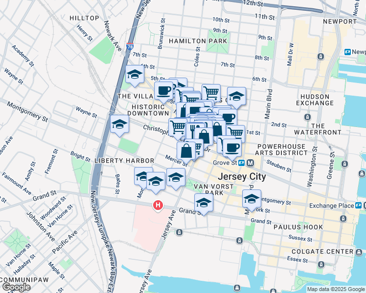 map of restaurants, bars, coffee shops, grocery stores, and more near 116 Wayne Street in Jersey City