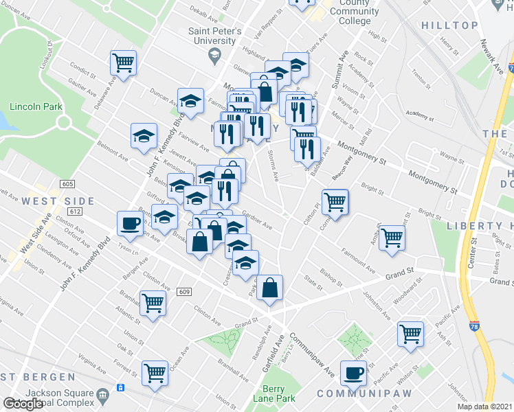 map of restaurants, bars, coffee shops, grocery stores, and more near 35 Jewett Avenue in Jersey City